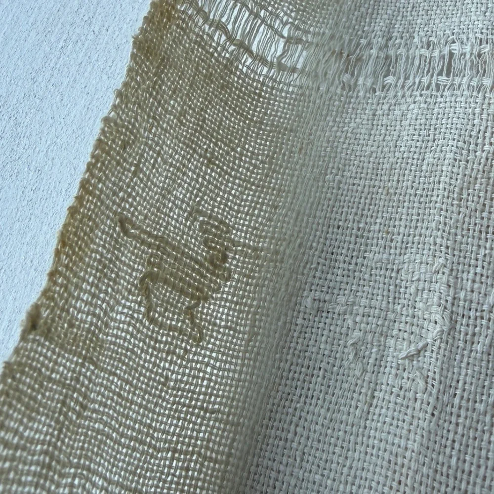 Vintage Handwoven Linen Textile Table Runner Cream White Fringe Frayed Edge 42in